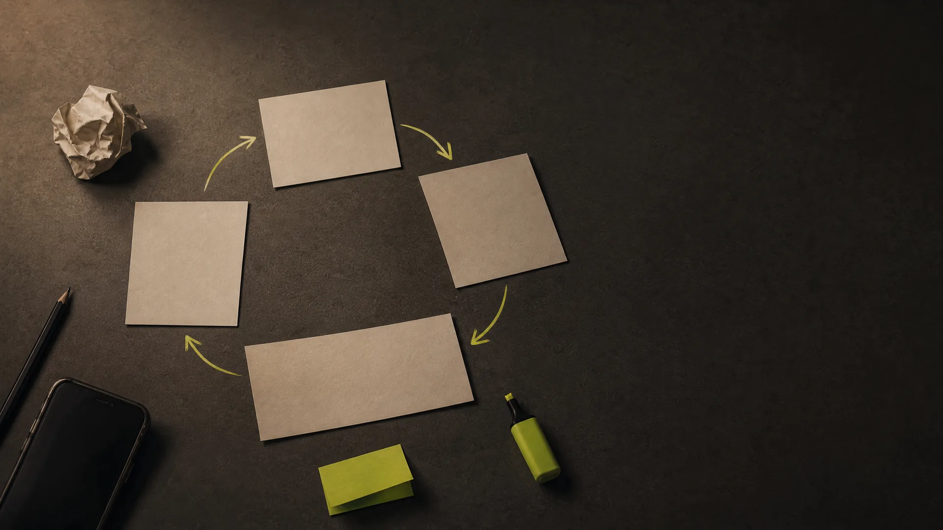 Abstract desk sequence suggesting an unfinished build and launch loop